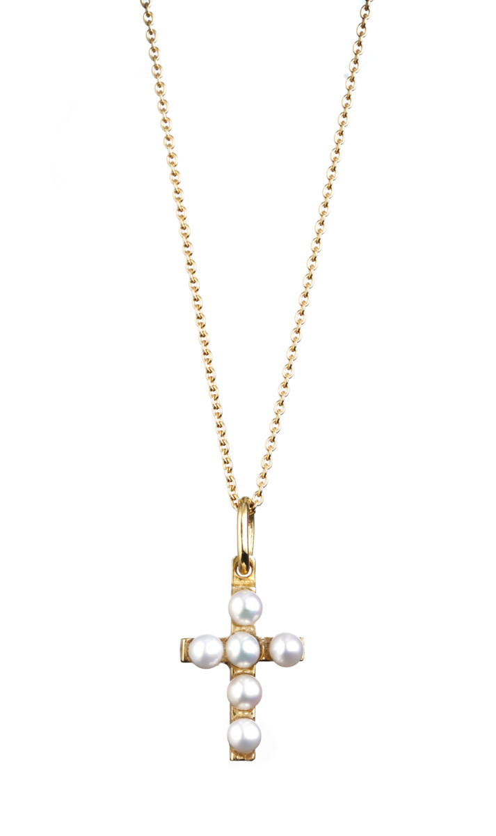 18-karat Yellow Gold, Pearl Cross Pendant Necklace